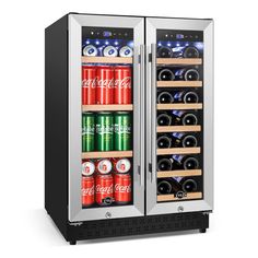 an open wine cooler with two doors and three cans in the door, one is empty