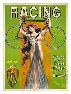 an old poster with a woman holding a bicycle on it's back and the words racing written in large letters