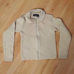 Vintage Zip Ribbed Sweater. Says Size L For Kids, Approximately. Size 6-8. White Cotton Sweater By Gap, White Cotton Gap Sweater, Gap Cotton Winter Cardigan, Gap Cotton Cardigan For Winter, Cozy Gap Tops For Fall, Cozy Fall Tops From Gap, Gap Beige Long Sleeve Outerwear, Star Wars Sweater, Toddler Boy Sweater