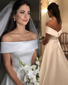 a woman in a white wedding dress standing next to another woman wearing a bridal gown