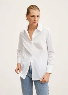 Essential cotton-blend shirt - Women | Mango USA Classic Shirt Women, White Fitted Shirt, White Shirt Blouse, Mango Fashion, Fitted Shirt, Tailored Design, Suit Style, Work Wardrobe, Collar Blouse