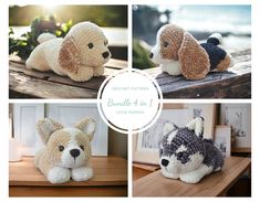 crochet patterns for small stuffed animals including a dog, puppy and cat sitting on a table