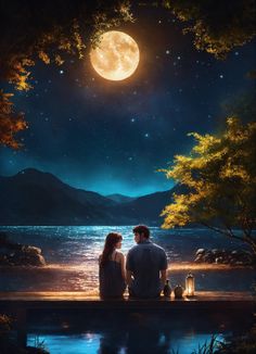 a man and woman sitting on a pier looking at the moon in the night sky