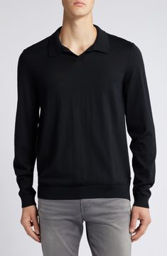 Lightweight and layerable, this polo-style sweater crafted from breathable wool features a sporty V-neck collar and a relaxed fit for day-to-night comfort. 27 1/2" length (size Medium) Johnny collar Long sleeves Ribbed cuffs and hem 100% virgin wool Machine wash, dry flat Made in Turkey Casual Merino Wool Polo Shirt, Black Wool Polo Sweater With Ribbed Collar, Black Polo Collar Sweater For Winter, Classic Black Polo Sweater With Johnny Collar, Black Casual Polo Sweater In Merino Wool, Black Collared Polo Shirt For Winter, Casual Merino Wool Polo Sweater With Ribbed Collar, Black Collared Polo Sweater With Ribbed Cuffs, Casual Black Merino Wool Polo Sweater