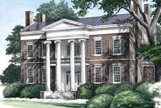 this is an artist's rendering of a large brick house with columns and windows