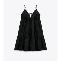 Black Poplin Dress From Zara Back Of Dress Ties To Whatever Size/Length You Need To Adjust Has A Pretty Open Back Great Lightweight Summer Dress Hits Just Above The Knee Msrp $655 Zara Black Dress For Daywear, Zara Black Sundress, Zara Black Beach Dress, Black Cotton V-neck Mini Dress, Black Zara Dress For Vacation, Zara Black Dress For Vacation, Black Poplin Dress, Zara Poplin Dress, Zara Summer Dress