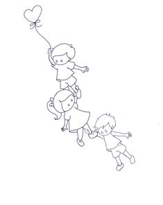 a drawing of two children flying a kite with a heart shaped balloon in the sky