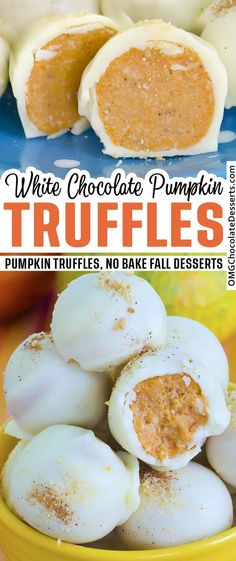 white chocolate pumpkin truffles in a yellow bowl