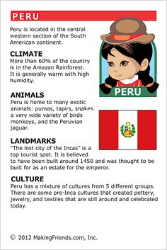 an info sheet with information about peru and the country's flag, which includes pictures of people from different countries