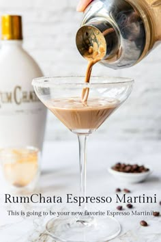 someone pouring coffee into a martini glass with the caption rumchata espresso martini