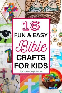 the words fun and easy bible crafts for kids are shown in this collage with pictures of