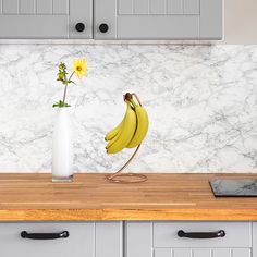 a banana and flower in a vase on a counter