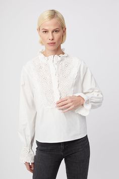 With lace embroidery details and in our favorite new slick cotton stretch, we think the Aviara is a fresh take on a basic popover.  Slightly cropped and a line.

  
 * Imported 
 * Cotton 
 * Powered by our patented No Gape® button technology
  
 * Model is 5'11" and is wearing a size small Relaxed Fit Eyelet Tops For Daywear, Eyelet Tops With Relaxed Fit For Daywear, Feminine Spring Top With Cutwork Hem, Feminine Spring Tops With Cutwork Hem, Broderie Anglaise Cotton Lace Top, Chic Long Sleeve Tops With Cutwork Hem, Long Sleeve Broderie Anglaise Top For Work, Casual Cotton Tops With Cutwork Hem, Chic Cotton Blouse With Cutwork Hem