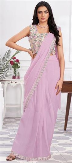 Purple and Violet color Readymade Saree in Georgette fabric with Embroidered, Sequence, Thread work Festive Purple Wedding Fabric, Purple Georgette Embroidered Fabric For Reception, Pink Wedding Fabric With Intricate Embroidery, Wedding Pink Fabric With Intricate Embroidery, Purple Wedding Fabric For Festivals, Resham Embroidered Saree Fabric For Wedding, Resham Embroidery Fabric For Wedding Saree, Wedding Fabric With Resham Embroidery, Bollywood Style Wedding Fabric With Unstitched Blouse