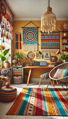 a room filled with lots of colorful rugs and decor on the wall above it