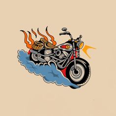 a drawing of a motorcycle with flames coming out of it's back tire, on a beige background