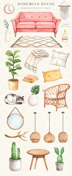 a watercolor drawing of different types of furniture and plants on display in front of a white background