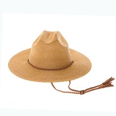 Tightly braided cattleman hat for men and women. Full length center creased crown, with deep side dents. Buckaroo style flat brim slightly downturned on front and back, 3.25" wide. Braided faux suede chin cord with tassel tips. Ribbon inner band with drawstring to adjust fit. UPF 50+ sun protection. Packable, fold up brim and secure in place with chin cord. One size, best fit 57-58 cm, 22.44-22.83 inches. 100% paper raffia straw