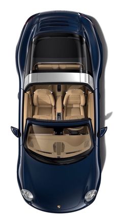 an overhead view of the back end of a blue sports car