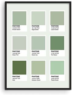 the pantone color chart is shown in black and white, with different shades of green