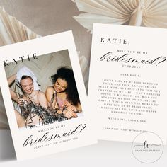 two bridesmaid cards with the same photo on them, one in black and white