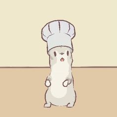 a white dog wearing a chef's hat on top of it's head