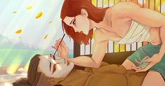 an animated image of a woman getting her teeth brushed by a man who is laying on the ground