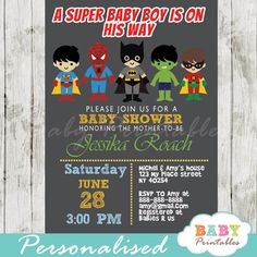 Printable super baby boys shower invitation. This personalized superheroes baby shower invitation features adorable baby boys dressed in superhero costumes complete with masks and cape against a gray backdrop. #babyprintables Marvel Baby Shower, Superhero Baby Shower, Baby Superhero, Boy Shower Invitations, Baby Shower Theme Decorations, Baby Printables, Baby Shower Invitation Cards, Baby Boy Dress, Baby Shower Decorations For Boys