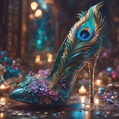 AI art created by me. A luxurious peacock-themed high-heeled shoe sits elegantly against a backdrop of warm, glowing lights and ornate architectural details. Adorned with peacock feathers and flowers the shoe exudes opulence and a sense of royal fashion. Fancy Peacock Stiletto High Heel art print on paper by Glenda Stevens.    Our art prints are produced on acid-free papers using archival inks to guarantee that they last a lifetime without fading or loss of color.  All art prints include a 1" wh Artsy Shoes, Whimsical Shoes, Fancy High Heels, Blue Stilettos, Modern Metal Wall Art, Fairy Shoes, Fancy Heels, Fantastic Shoes, Fancy Shoes