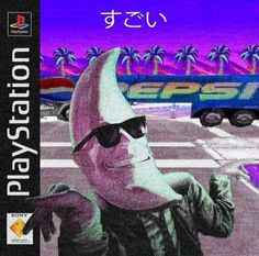 an old video game cover with a man in sunglasses and a banana on his head