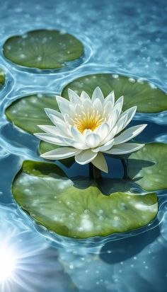 a white waterlily floating on top of green lily pads in the blue water