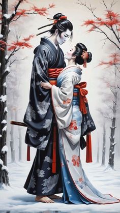 a painting of two people standing next to each other in the snow with trees behind them