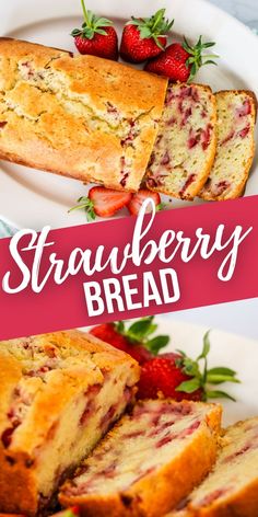 strawberry bread is cut into slices and served on a white plate with strawberries in the background