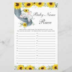 a baby name race game with sunflowers and an elephant