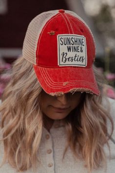 Details Vintage Distressed Trucker Cap "Sunshine Wine & Besties"Color: Light Red Distressed Material: Cotton/Polyester blend, Mesh backSize: One size fits most, with an adjustable snapback. Unisex cap. Sunshine And Whiskey, Light Red, Trucker Cap, Color Light, Mesh, Wine, Red, Color