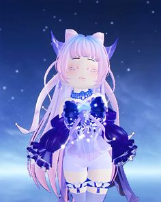 an anime character with pink hair and blue eyes, wearing purple clothes in front of a night sky