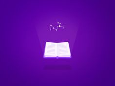 an open book with the word n on it floating in front of a purple background