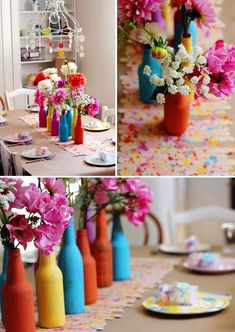 colorful vases filled with flowers sitting on top of a table covered in confetti