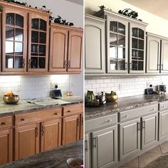 two pictures of the same kitchen cabinets and counter tops