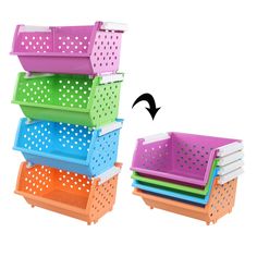 four different colored baskets stacked on top of each other, with the bottom half open