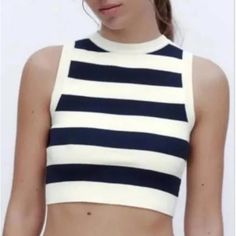 Brand: Zara, Size: L, Color: Cream And Navy. Never Worn Before - Brand New Navy Casual Crop Top For Summer, Chic Navy Summer Top, Blue Zara Casual Crop Top, Cheap Blue Zara Tank Top, Zara Blue Stretch Crop Top, Zara Cropped Cotton Tank Top, Zara Summer Tops With Built-in Bra, Zara Tops, Blue Cream