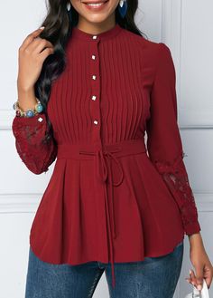 Lace Panel Wine Red Crinkle Chest Peplum Blouse | Rosewe.com - USD $28.30 Chiffon Lace Blouse, Chiffon Blouses, Lace Blouse Long Sleeve, Casual Shirt Women, Standing Collar, Elegant Blouses, Peplum Blouse, Moda Vintage, Oversized Top