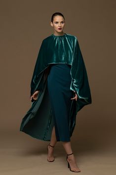 Cape style velvet top with midi dress - HerTrove Formal Cape, Isabel Sanchis, Caroline Dress, Dress Cape, Velvet Cape, Off Shoulder Gown, Flare Gown, Satin Dress Long, Cape Style