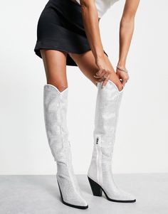 Azalea Wang Nash rhinestone western boots in white and silver | ASOS Azalea Wang, Silver Shop, Body Fit, Top Trends, Western Boots, Concert Outfit