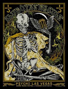 a skeleton sitting on top of a yellow and black poster