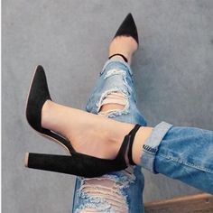 962e56a8a0b0420d87272a682bfd1e53desc41109667ri Thick Heel Shoes, Strappy Pumps, Womens Sandals Summer, Ankle Strap Shoes, Strap Shoes, Pointed Toe Heels, Fashion High Heels, Black High Heels, Thick Heels