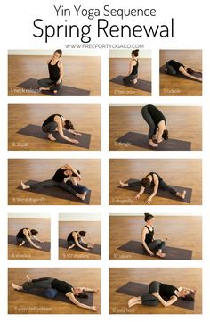 a woman doing yoga poses on a mat with the words yin yoga sequence spring renewal