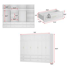 two white cabinets are shown with measurements for the doors and drawers on each side, one is