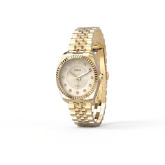 With its beige dial and gold case, this timepiece emanates a distinctive vintage allure. The dial displays a concave-convex radial texture, suitable for both casual wear and sophistication. Adorned with lab-grown diamonds, each hour marker sparkles with enchanting brilliance, enhancing the overall elegance of the design. Case: 31mm steel case with polished and satin finish Movement: Ronda 763 Waterproofness: 10ATM swimming is allowed, but only for shallow swimming (Do not operate the watch handl Timeless Yellow Gold Diamond Watch With Subdials, Classic Gold Diamond Watch With Subdials, Timeless Yellow Gold Diamond Watch With Round Dial, Timeless Yellow Gold Analog Watch, Classic Gold Diamond Watch With Round Dial, Timeless Gold Diamond Watch With Rectangular Dial, Classic Gold Diamond Watch With Metal Dial, Elegant Gold Watch With Analog Display, Elegant Gold Watches With Analog Display