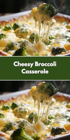 the broccoli casserole is being lifted with a fork